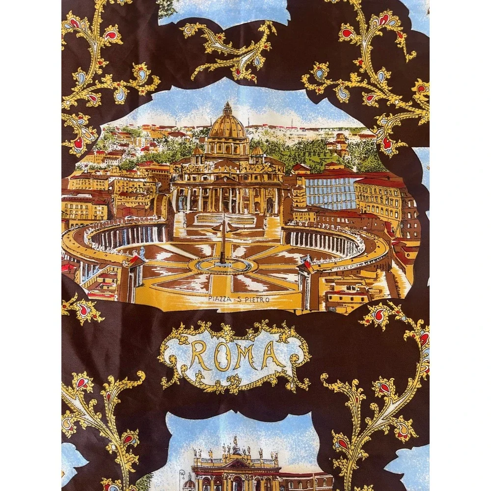 Vintage Roma Italy Souvenir Square Scarf Brown Gold Landmark Print Travel Gift